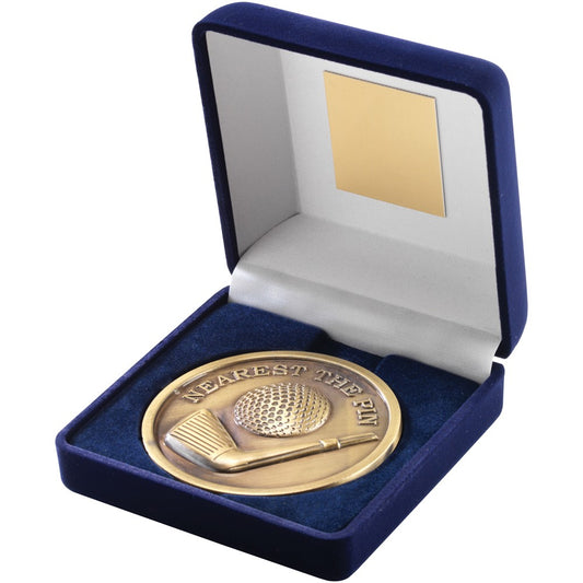 10.5cm Blue Velvet Box & Golf Medal - Antique Gold 'Nearest The Pin' 4In