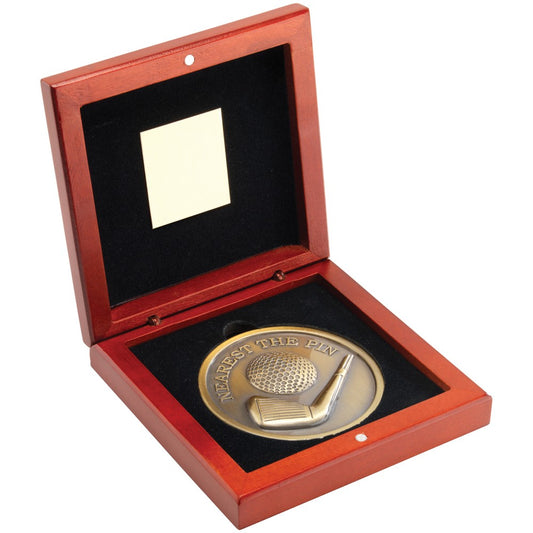 11.5cm Rosewood Box & lion Golf Medal - Antique Gold 'Nearest The Pin' 4.5In