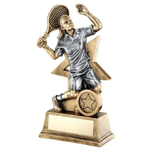 Brz-Gold-Pew Female Tennis Figure With Star Backing Trophy - 3Sizes