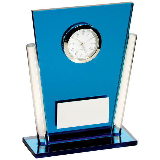 13.5cm Blue & Clear Glass Tapered Rectangle Clock Trophy