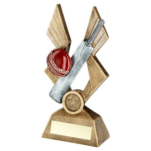 Brz-Pew-Red Cricket Ball And Bat On Pointed Backdrop With Plate - Available in 3 Sizes