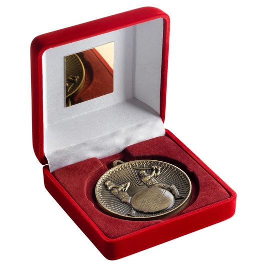 Red Velvet Box And 60mm Medal Cricket Trophy - 3 Colours