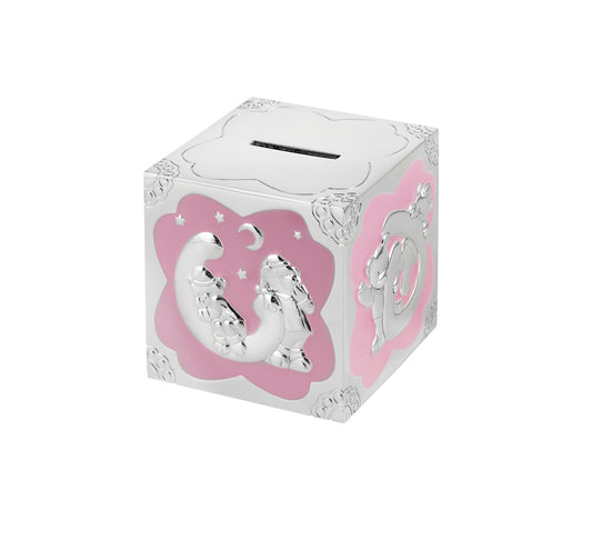 7cm Pink Enml Teddy Cube Money Box
