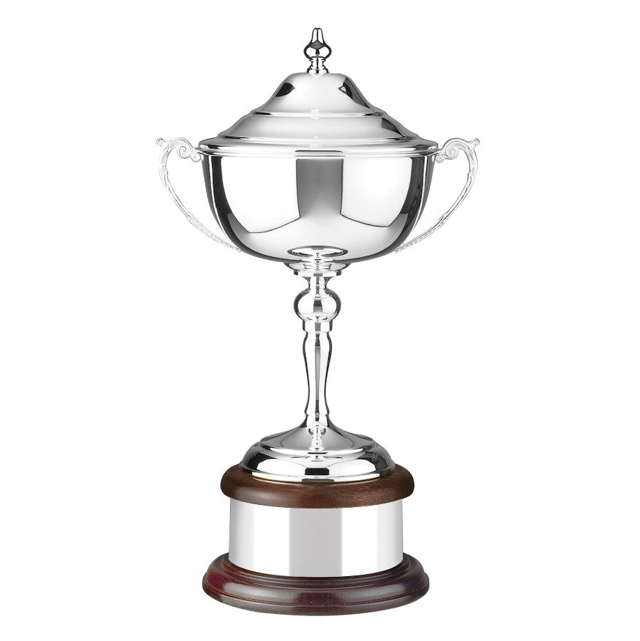 The Golfing Challenge Silver Plated Cup with Figurine Lid, Plinth Band & Mahogany Based trophy