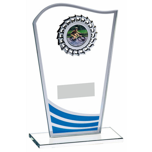 Glass Award with Blue Waves and Silver Trim - 3 Sizes