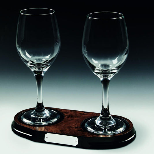 Two Wine Glasses on Wood Base